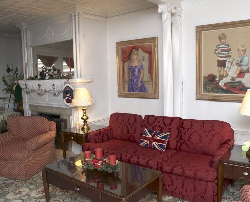 Common room couch and hearth