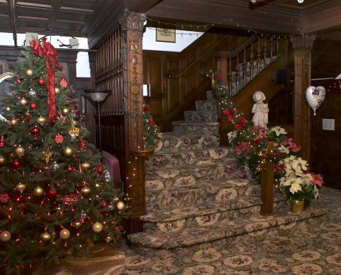 Interior staircase with holiday tree